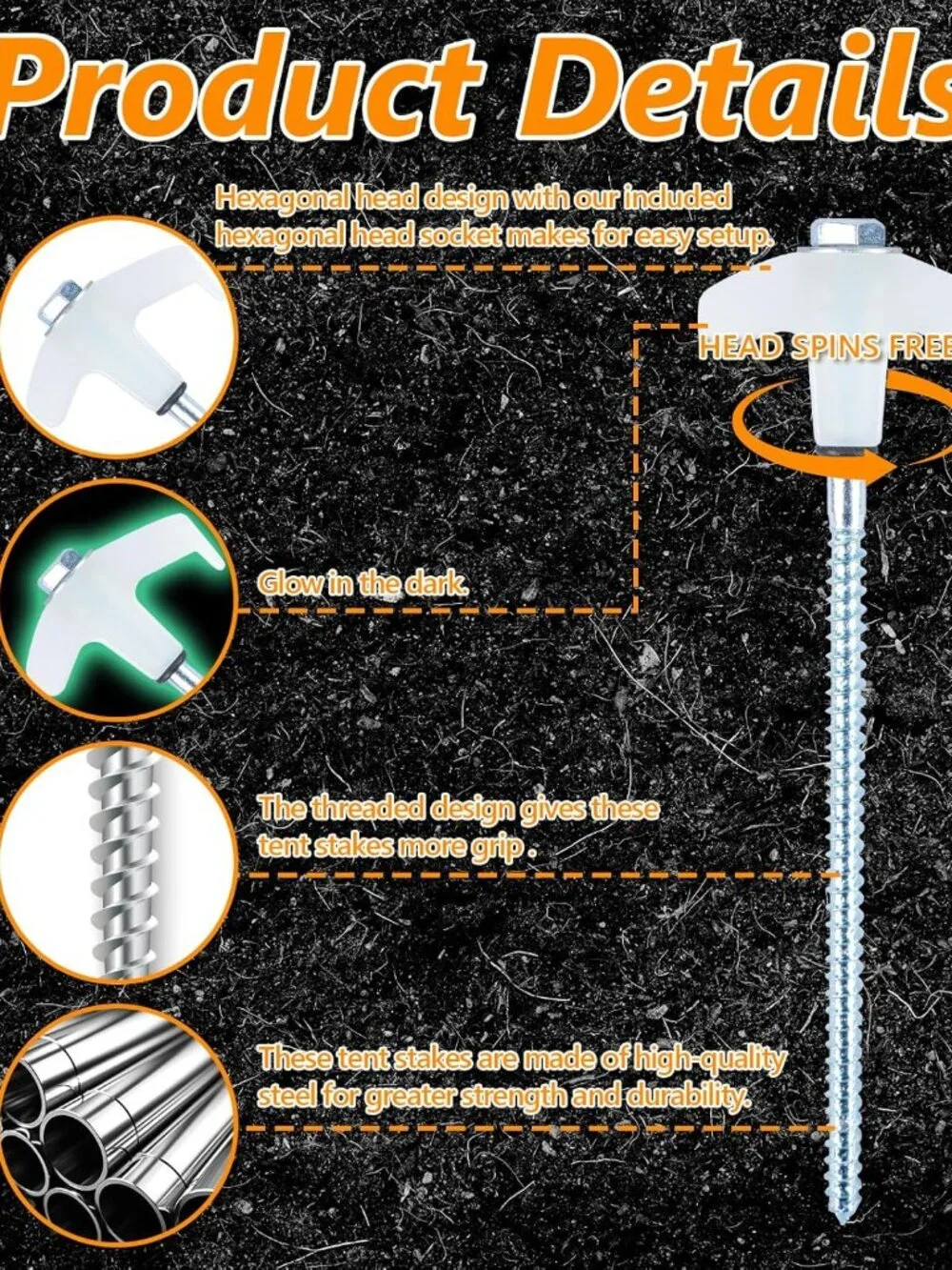 Ground Anchors Screw in, Metal Threaded Tent Spikes, Camping Pegs for Canopies